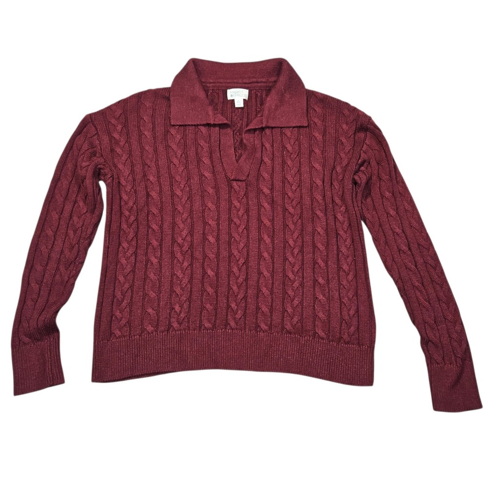 Market & Spruce Cable Knit Polo Sweater Burgundy Cashmere Blend Sz M Petite
